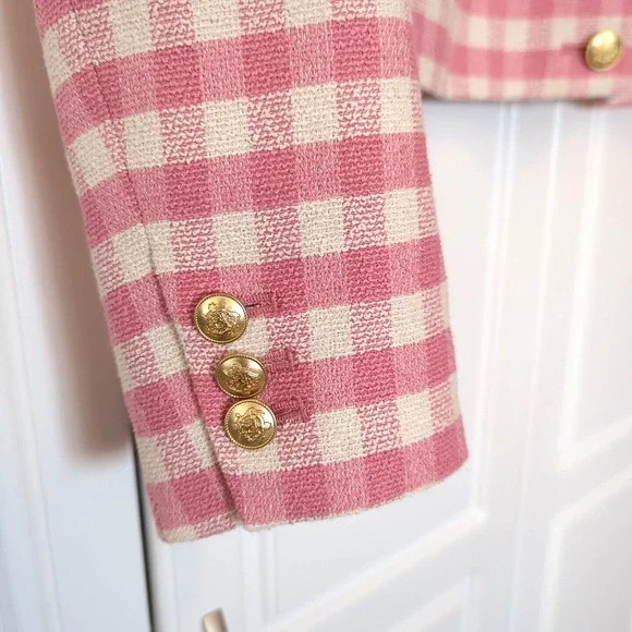 J Crew Louisa Lady Jacket in Pink Gingham Terry Tweed w/ Gold Buttons Size 8 - Picture 4 of 11